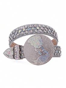 Màu bạc Nam Và Của phụ nữ chất liệu da PU Punk Lấp lánh Trái đất Khóa tròn Thắt lưng Rhinestone Thời trang Lấp lánh Hành tinh To lớn Khóa đá Thắt lưng Pha lê Dát Đầy Thắt lưng Dây đeo Đối với Quần jean Đầm - Bạc - Xem 9