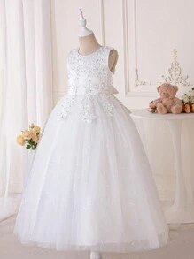 女孩白色蕾丝公主裙、舞会礼服、婚礼晚礼服、选美晚礼服、毕业礼服、圣诞节 - 白色 - 查看 8