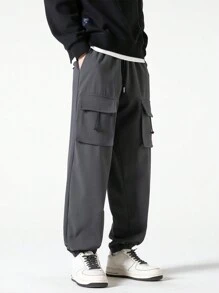 Montvoo Fitness Men's Casual Sports Pants Pocket Design Drawstring Cargo Pants - Grey - View 5