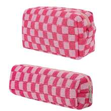 aerocandy 2入組/套小號和中號格紋化妝袋,大容量針織收納袋,秋冬格紋針織收納和化妝品袋 - 粉色 - 查看 2