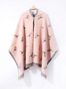 1pc Ladies' Stylish Short Fringed Pink Scarf With Bird Pattern, Keep Warm For Dating And Outdoor Activities - Pink - View 5