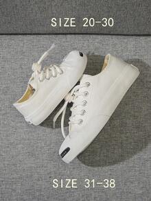 White Baby Canvas Shoes Mid-Top Sneakers, Unisex Kids' Shoes For Spring & Autumn, Korean Style Simple Fashion Lace-Up Athletics, Classic Low-Cut Skateboarding Shoes For Casual Wear And Sports - White - View 6