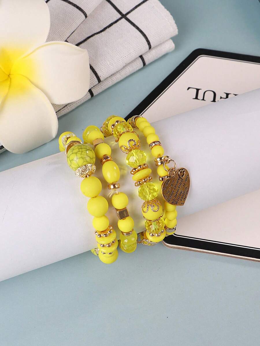 4 Piezas/set Pulseras Amarillas Multicolor Hechas A Mano Estilo Bohemio Con Colgante De Corazón En Metal - Amarillo Oro - Ver 1