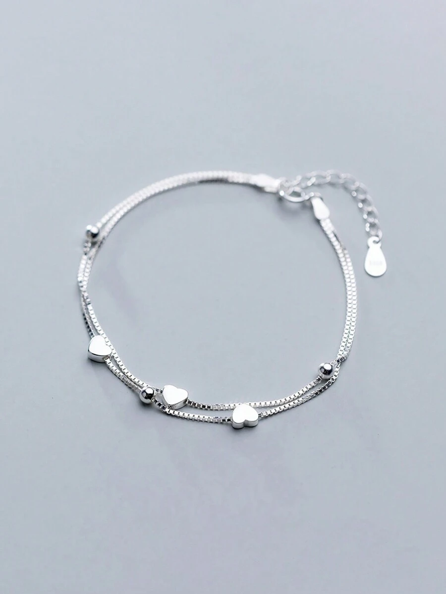 MODIAN 925純銀珠子和心形吊墜女士手鍊，可調節鏈條，優雅的珠寶，浪漫的假日禮物 - 銀色 - 查看 1