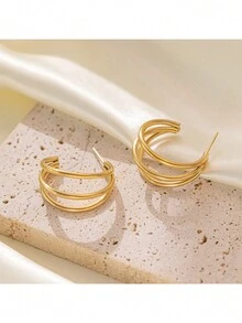 1pair Gold Stainless Steel Geometric Weave Metal Earrings, Unique Design With Luxury And Fashionable Style, Suitable For Daily Activities, For Women - Yellow Gold - View 4