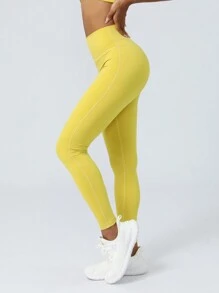 Sodalemon 女士無縫瑜珈褲健身運動緊身褲,臀部提拉 - 黃色 - 查看 4