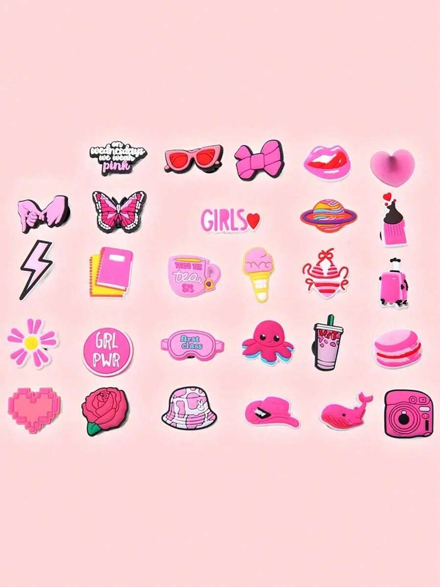 28入組卡通鞋飾,適用於木屐、涼鞋、鞋子diy配件 - 粉色 - 查看 1