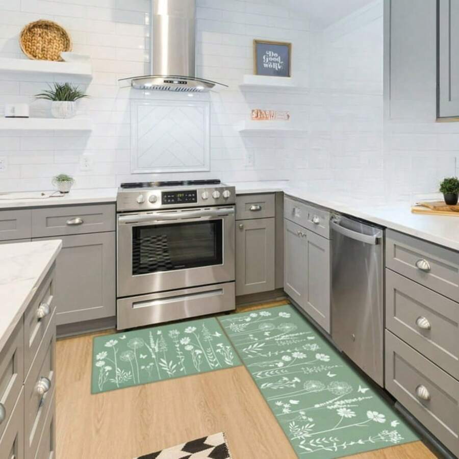 Sage Green Kitchen Mat Rug Set Of 2- Plant Floral Butterfly Kitchen Rugs With Runner Kitchen Decor Accessories Things, Kitchen Rug Mat- Leaves Rugs For Home Kitchen Large- 17x24 And 17x48 Inch - Green - View 1