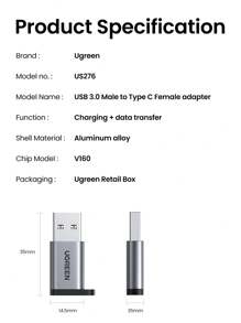 UGREEN Type C Adapter USB A 3.0 Male To USB 3.1 Type C Female Connector Type-C Adapter - Grey - View 10
