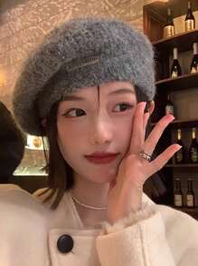 1pc Women's Mohair Beret Hat, New Arrival Winter Japanese Style Versatile Large Circumference Gray Knitted Artist Cap - Multicolor - View 5