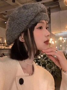 1pc Women's Mohair Beret Hat, New Arrival Winter Japanese Style Versatile Large Circumference Gray Knitted Artist Cap - Multicolor - View 7