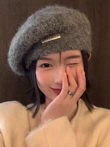 1pc Women's Mohair Beret Hat, New Arrival Winter Japanese Style Versatile Large Circumference Gray Knitted Artist Cap - Multicolor - View 4