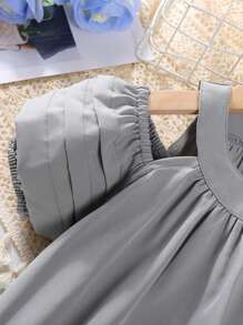 Vestido de niña con cuello redondo de unicolor, hombros recortados, mangas abullonadas y ribete de volantes, para el verano - Gris - Ver 4