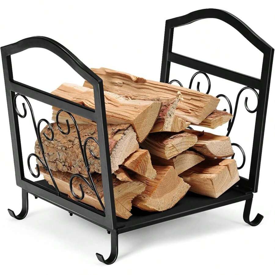 Firewood Rack, Decorative Metal Firewood Rack With Handles, Raised Legs & Elegant Pattern, Firewood Rack For Indoor & Outdoor, Firewood Holder For Fireplace, BBQ & Fire Pit - Brown - View 1