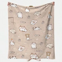 1pc Cartoon Cat & Fishbone & Can Of Fish Hand Drawn Printed Flannel Fleece Blanket, Nap Shawl, Sofa Cover - Multicolor - View 5
