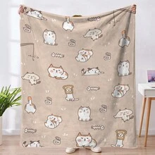 1pc Cartoon Cat & Fishbone & Can Of Fish Hand Drawn Printed Flannel Fleece Blanket, Nap Shawl, Sofa Cover - Multicolor - View 1