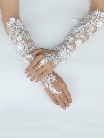 1 Pair White Pearl Flower Bridal Lace Up Gloves For Women, Holiday Party, Wedding, Bridals (Crystal Placement Random)