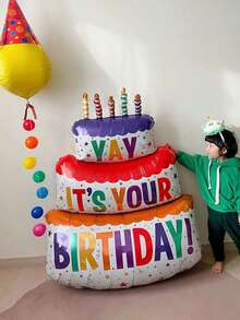 1個彩色蠟燭三層蛋糕氣球,洋氣箔氣球,適合兒童生日派對裝飾 - 彩色 - 查看 2