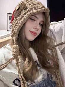 1pc Unisex Winter Knitted Ear Protection Hat, Japanese Style Red Braided Tassel Beanie, Suitable For Outdoor Activities And Leisure In Spring And Autumn - Beige - View 5