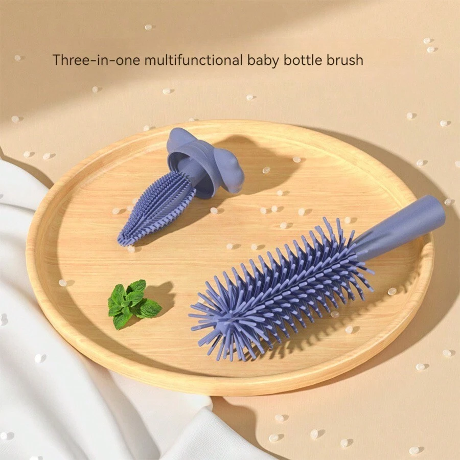 Portable Silicone Baby Bottle, Straw, Pacifier, Cleaning Brush, Cleaning Brush Set - Blue - View 1