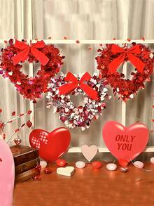 3入組情人節心形和蝴蝶結裝飾牆掛花環,適用於背景場景設置 - 紅色 - 查看 2