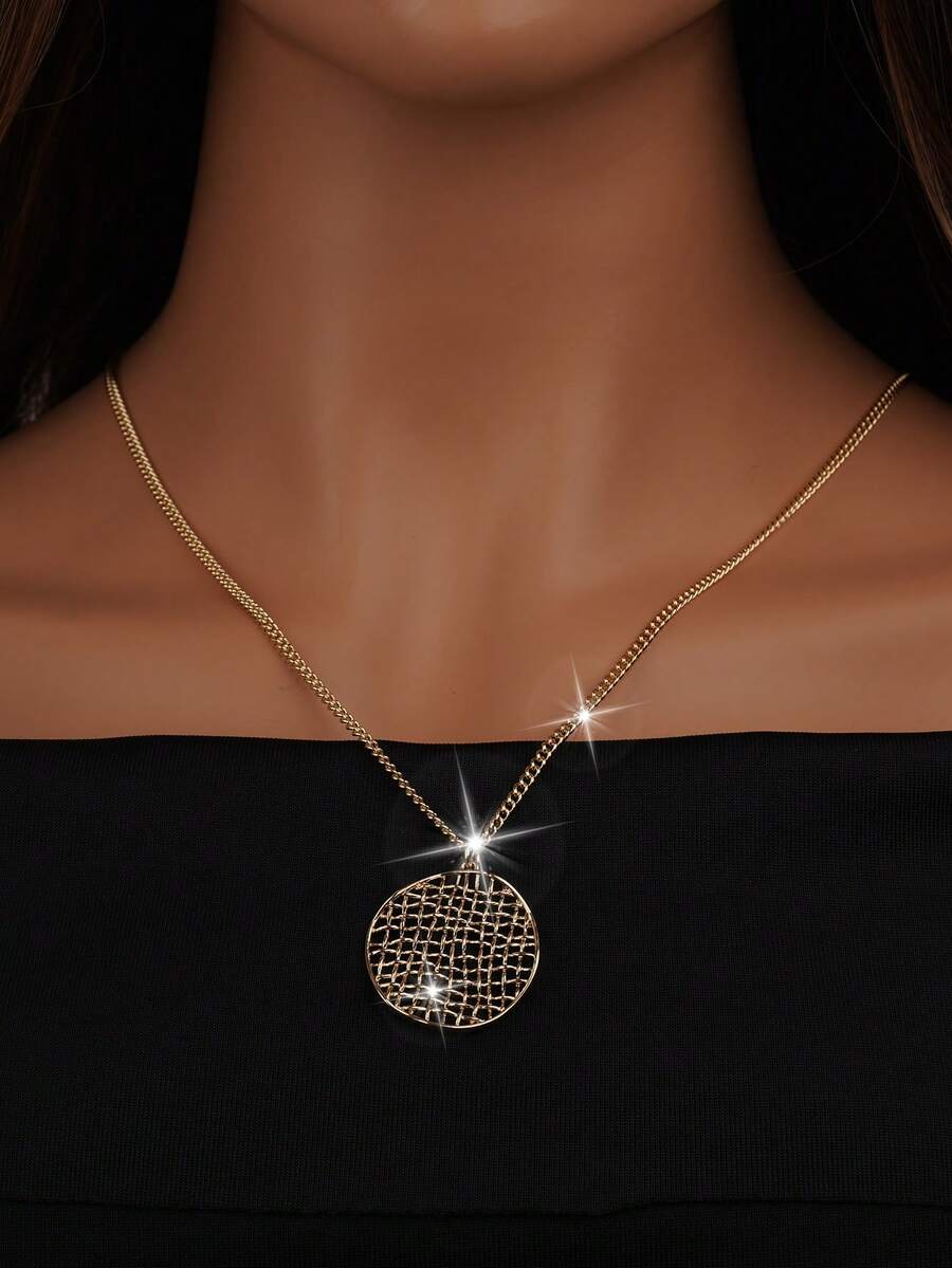 1pc Fashionable Personalized Wave Design Hollow Out Mesh Pendant Long Necklace For Women, Suitable For Sweater And Party - Yellow Gold - View 1