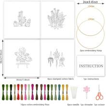 4入組盆栽刺繡套裝,適合初學者,包括仙人掌、龜甲和竹子圖案,附印刷刺繡布、架子、線、針和說明 - 彩色 - 查看 2