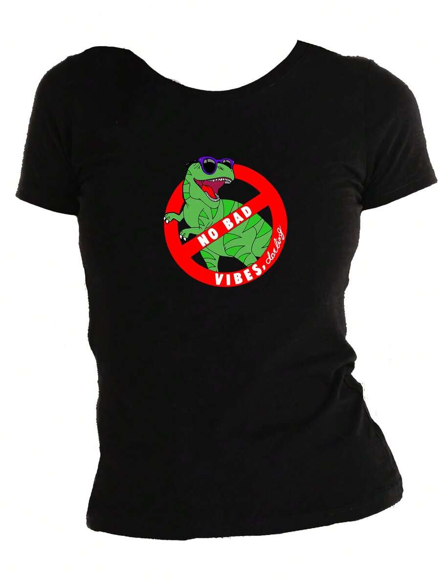 Playera Algodon Dinosaurio T-rex No malas vibras cariño - Negro - Ver 1