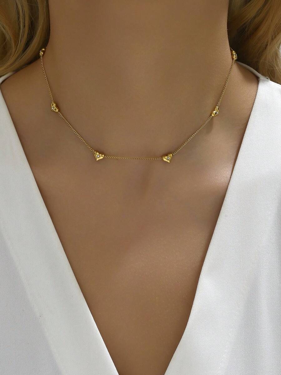 1 件時尚不銹鋼心形吊墜項鍊帶水鑽細節女式優雅多功能珠寶 - 金黃色 - 查看 1