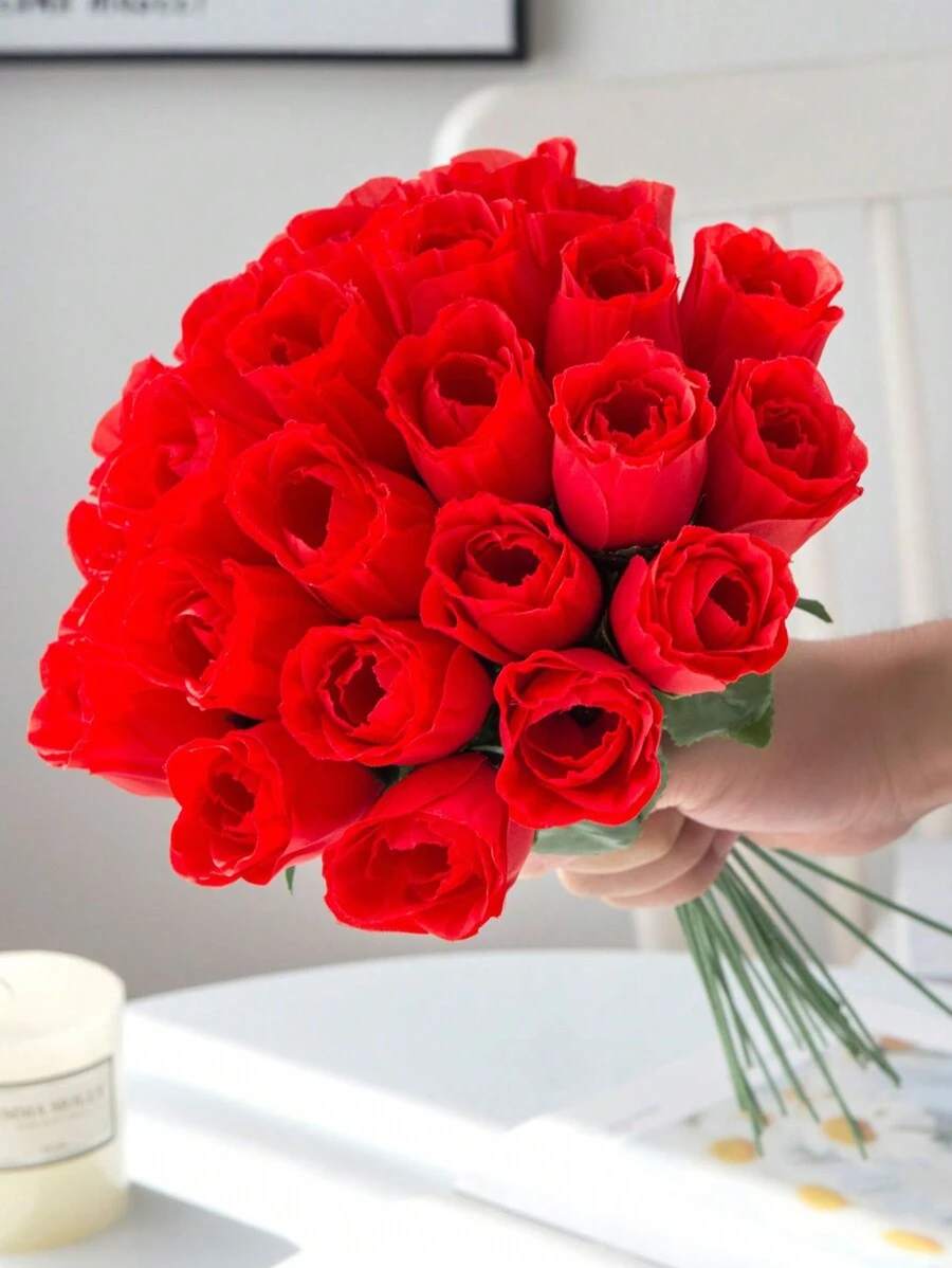 10/5入組紅色人造玫瑰花束,逼真的單支假絲綢玫瑰花束,婚禮備用紅玫瑰,家居裝飾人造絲花,婚禮用品新年裝飾情人節禮物,適用於婚禮晚會中心點裝飾,新娘花束,家居裝飾。 - 紅色 - 查看 1