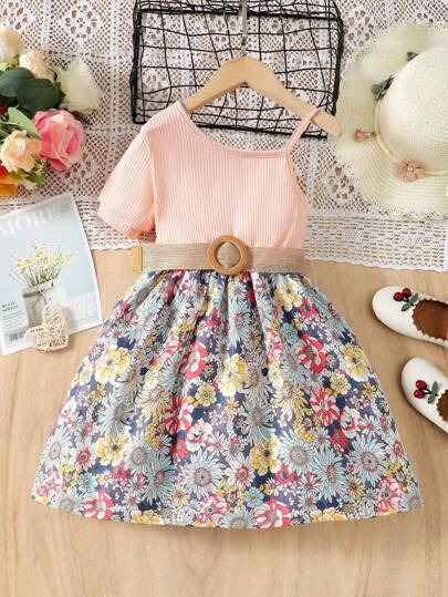 夏季小女孩不對稱領口花卉印花裙
