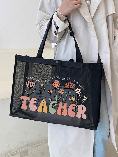 网眼手提包教师节包，防水，图案网眼手提包，适合少女、女大学生、白领，完美的礼物，适合学校、户外、郊游、教师礼物情人节礼物，轻便、大容量、便携式网眼沙滩包，适合家庭旅行、度假、假日、海滩、露营和徒步旅行