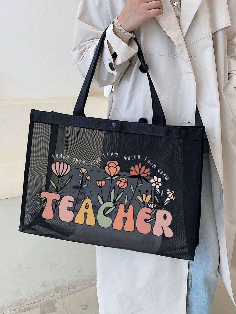 1個教師節網格托特包,防水印花網格托特包,適合青少年、女性、大學生、白領職員,完美的禮物選擇,適合學校、戶外活動、出遊、教師節禮物、情人節禮物,輕量大容量,便攜式網格沙灘包,完美適合家庭旅行、度假、假日、海灘、露營和徒步旅行,給女性最好的教師節禮物 - 黑色 - 查看 1