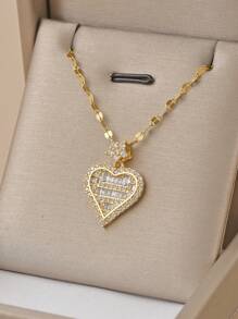 1pc Cubic Zirconia Decor Heart Shaped Stainless Steel Necklace, Women's Exquisite Accessory Valentines,Mom,Mother,Mother's Day,Gift - Yellow Gold - View 1