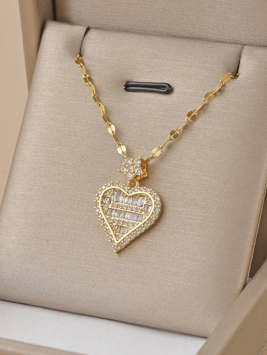 1pc Cubic Zirconia Decor Heart Shaped Stainless Steel Necklace, Women's Exquisite Accessory Valentines,Mom,Mother,Mother's Day,Gift - Yellow Gold - View 1