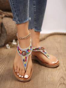 女士鑲有鑽石和珠子的開口式涼鞋,休閒彈性帶夏季鞋,輕盈沙灘拖鞋 - 米色 - 查看 2