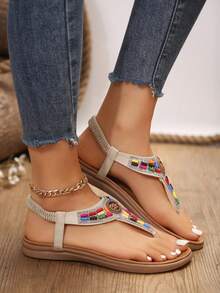 女士鑲有鑽石和珠子的開口式涼鞋,休閒彈性帶夏季鞋,輕盈沙灘拖鞋 - 米色 - 查看 3