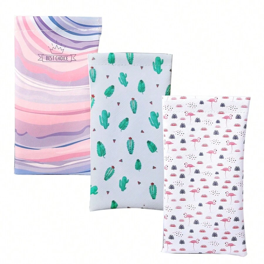 3入組pu太陽眼鏡盒夾,仙人掌,火烈鳥,雲朵眼鏡袋女性便攜式皮革軟質眼鏡攜行盒收納袋