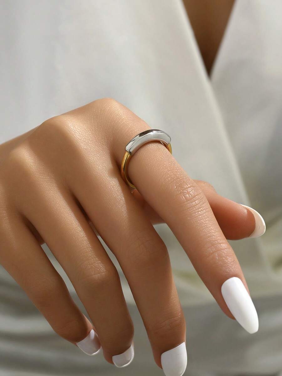 1入組18k金鍍不鏽鋼拼接戒指,時尚女性日常佩戴和節日禮物的配飾 - 彩色 - 查看 1