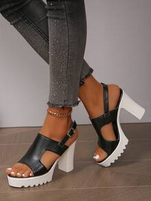 女性大尺碼歐美風夏季高跟涼鞋,時尚黑色厚底耐水平台女鞋 - 黑色 - 查看 3