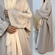 1pc  Elegant And Modest Moon Embroidery Sleeve Opening Cardigan Robe Shawl Hijab, Suitable For Daily Wear And Festivals - Beige - View 1