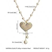 1件精緻的假珍珠鍊心形吊墜項鍊,時尚珠寶鑲嵌假鑽石和假珍珠心型吊墜毛衣鍊女士長項鍊裝飾,百搭服裝配件 - 白色 - 查看 7