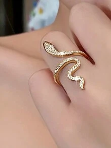 1pc Glamorous Rhinestone Decor Snake Design Wrap Ring For Women For Daily Decoration Copper Jewelry - Yellow Gold - View 3