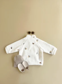 嬰兒女孩精美花朵刺繡羊皮羊毛立領夾克,經典針織拉甘袖,拉鍊設計,厚實保暖冬季 - 白色 - 查看 3