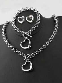 4 Pcs Stylish Personalized Design Simple Stainless Steel Love Necklace Bracelet Earrings Suitable For Holiday Gifts To Friends Valentines - Gold - View 3