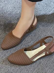 韓風夏季時尚女士休閒果凍鞋,適合工作和日常穿著,防滑軟塑膠底拖鞋,編織般的防水鞋 - 棕色 - 查看 3