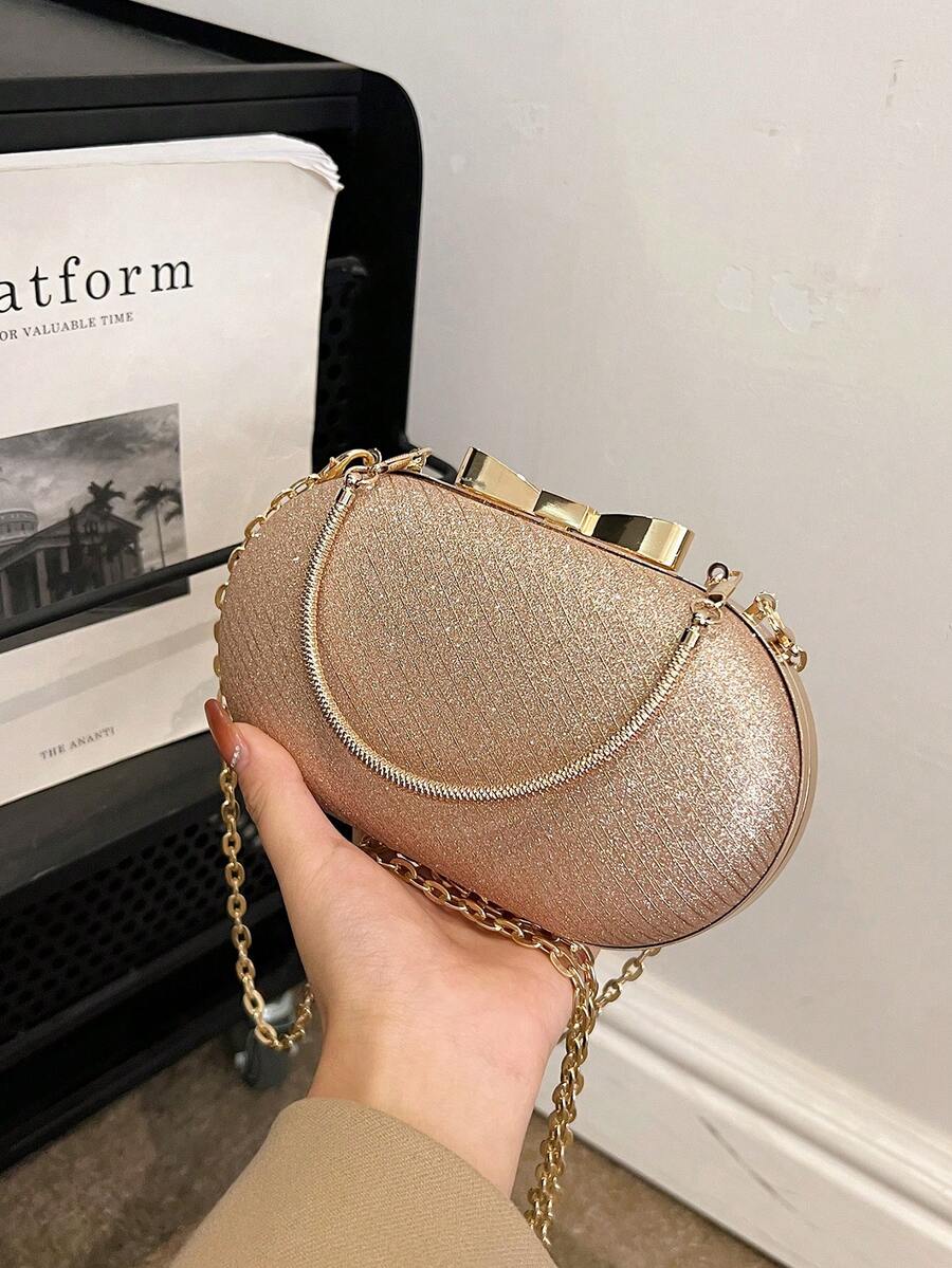 1pc Gold Oval Shape Evening Bag For Women, Party Handbag With Detachable Chain Strap, Clutch Purse For Formal Dress Or Shoulder Bag - Gold - View 1