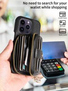 PU皮革材質多功能斜肩拉鍊手機錢包手機殼，與蘋果兼容 - 黑色 - 查看 3