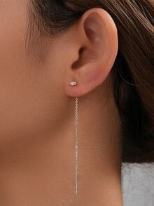 1Pair 925 Sterling Silver Square Threader Earrings 18K Gold Plated Earrings Tassel Chain For Women Girls Heart Dangle Earrings Fine Jewelry - Square-silver - View 3