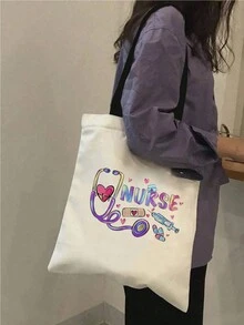 「護士」字樣印花肩包,手提包,教師禮物,適用於學校、節日購物,簡易購物袋,日常上下班,超大容量,卡通字母印花購物袋,可重複使用的雜貨袋,有趣的禮物,尤其適用於情人、親戚、朋友、男友、阿姨、老師和女朋友 - 米色 - 查看 2